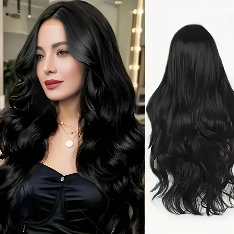 

Big Wave High Temperature Fiber Wig European and American Style Black Wig Middle Part Curly Hair
