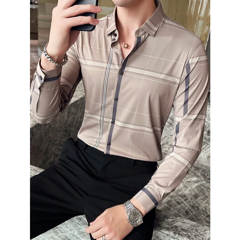 

New Men's Long-sleeved Shirt Fashion Vertical Striped Lapel POLO Shirt Casual Single-breasted Top