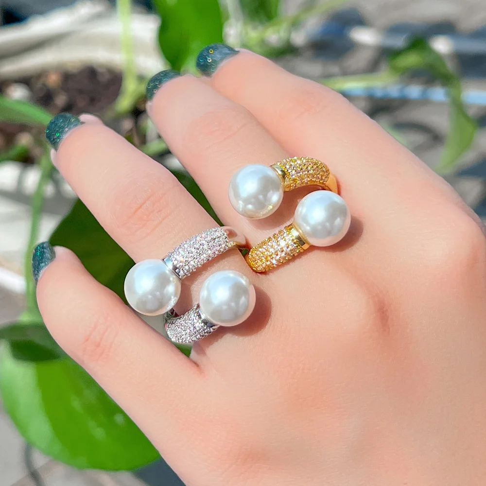 CWWZircons Adjustable Shiny Cubic Zirconia Paved Double Pearl Finger Rings for Women Party Engagement Anniversary Jewelry R280