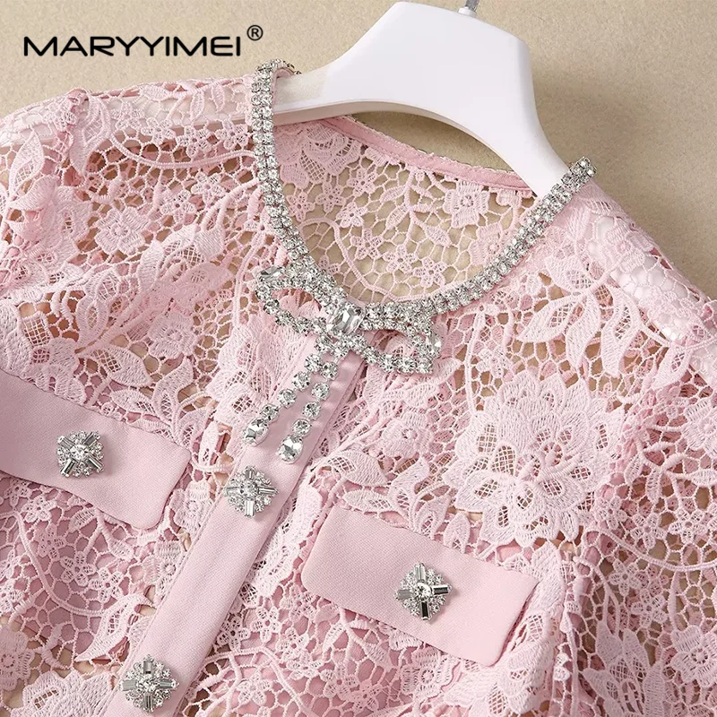 MARYYIMEI Chic Lace Hollow Out Summer Dress Short-Sleeved Single-Breasted Lace-Up Beading New Fashion S-3XL Long Dresses