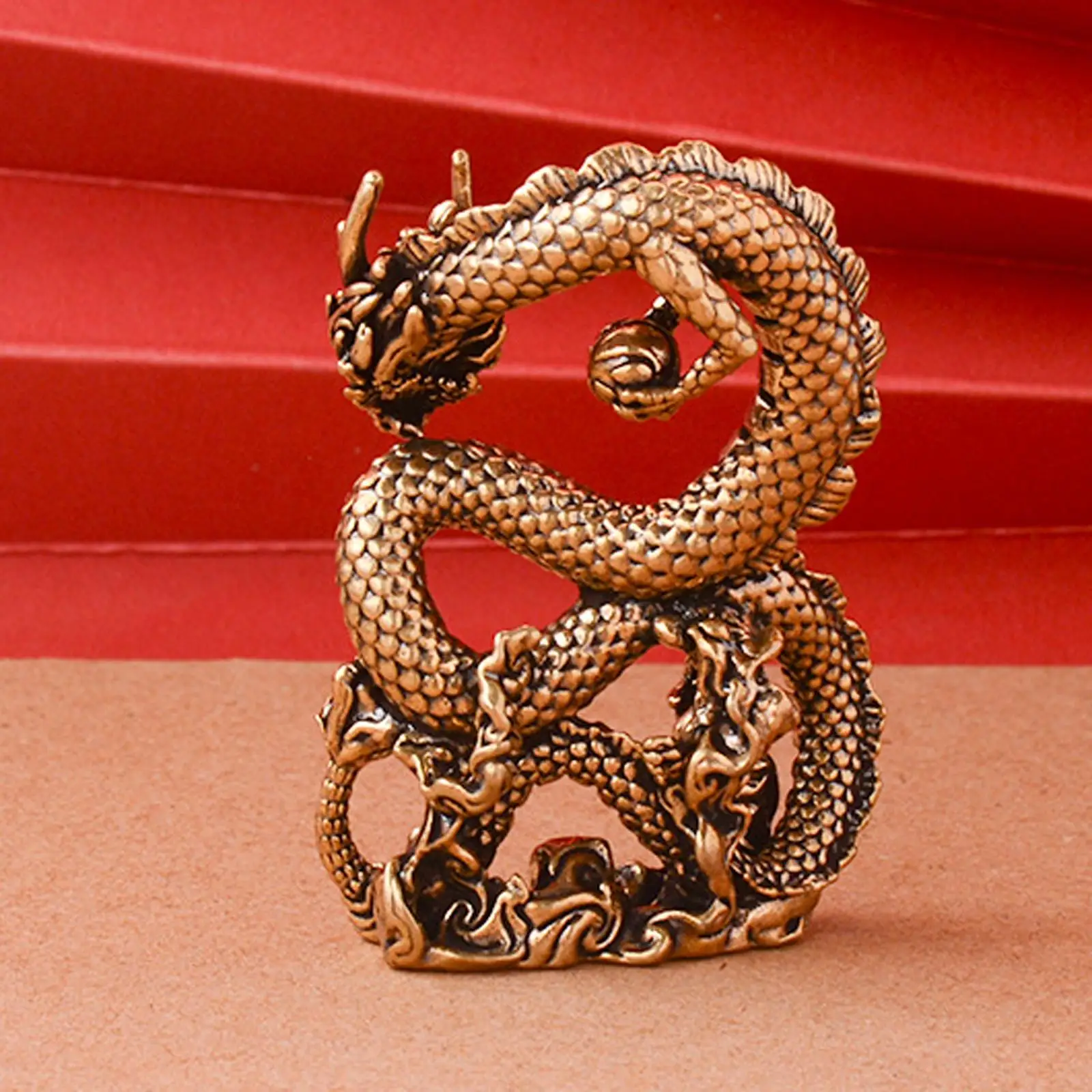 Brass Dragon Figurine Miniature Sculpture Holding Bead Animal Collection Chinese Dragon Statue Decoration for Desk Bookcase