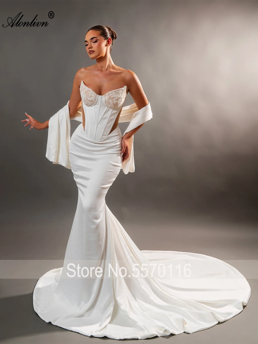 Gaun Pengantin Duyung Satin Alonlivn Custom Made, Model Sweetheart, Off Shoulder, Tanpa Lengan, Model Trumpet