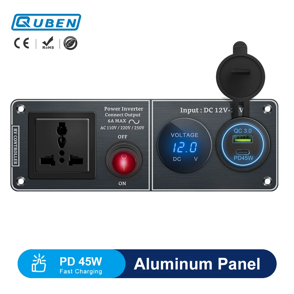 Gerilim Göstergeli Alüminyum Araba Kontrol Paneli / 45W USB PD Hızlı Şarj Cihazı, SUV Kamyon Van Otomatik Modifikasyonu için Evrensel Soket