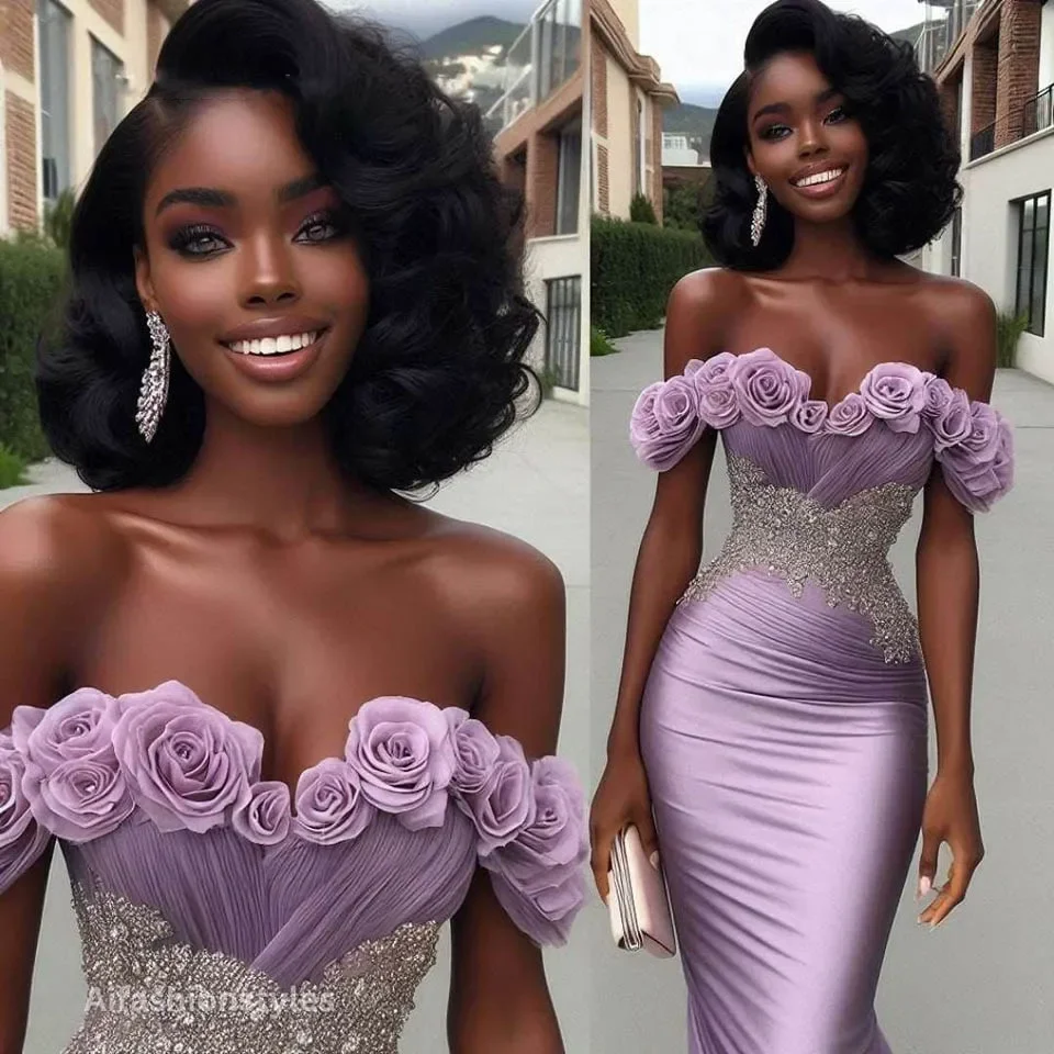 

Lilac Mermaid Prom Dress Off The Shoulder Handmade Flowers Applique Beaded Slim Fitted Long Satin Evening Gown Customized