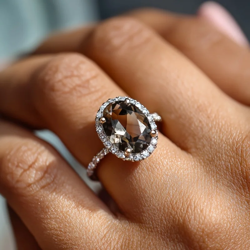 SGARIT 925 فضة سموكي كوارتز خاتم 7x9 مللي متر البيضاوي الشاي الطبيعي كريستال المرأة مجوهرات الأزياء الأنيقة #4