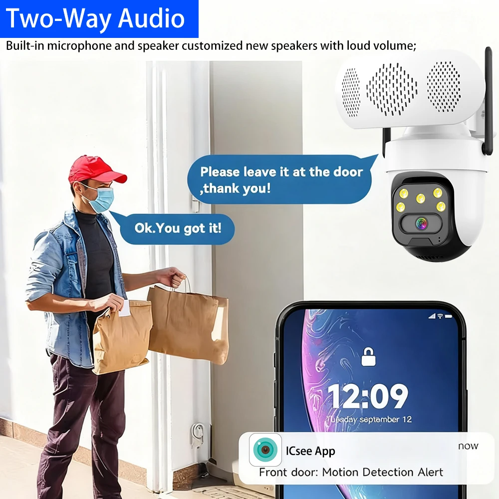 5MP ICSee WiFi IP Camera Bluetooth Loud Speaker Music Player Outdoor Wireless Security PTZ Camera Human Detection Auto Tracking