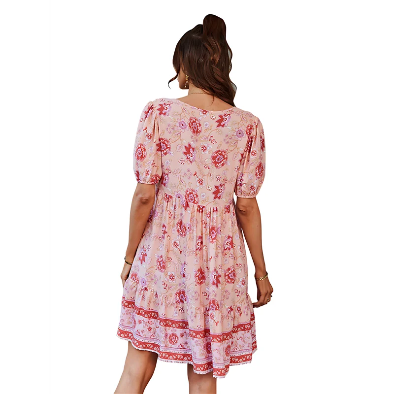 【Party-Decoration】Women Casual- Summer Dress Boho V Neck Short Sleeve Babydoll Floral Print Flowy Beach Dress