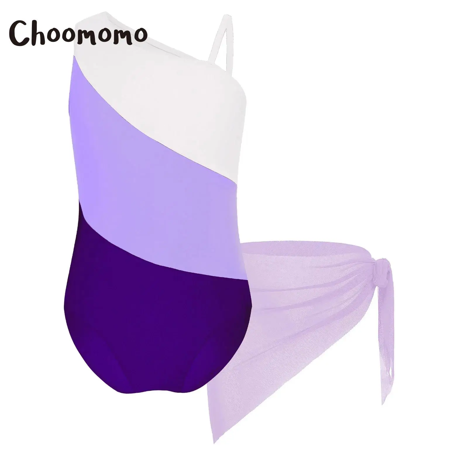 

Children Girls One Piece Swimwear Sleeveless Asymmetrical Shoulder Color Block Swimwear with Cover up Beach Skirt Bathing Suit