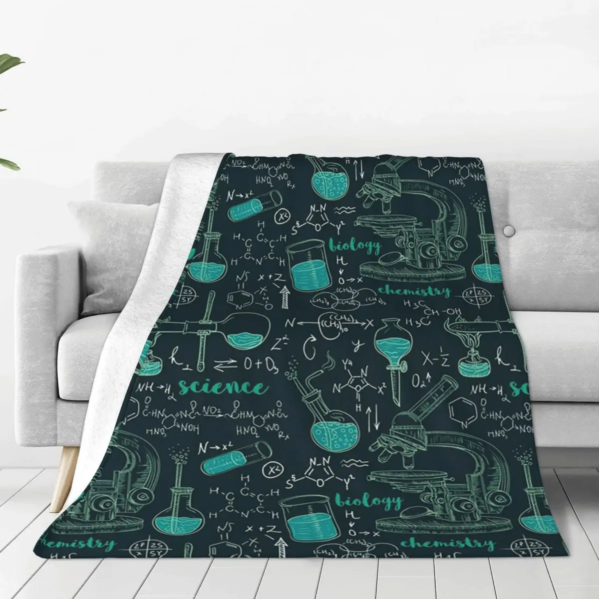 Seamless Pattern Old Chemistry Laboratory With Microscope, Tubes And Formulas Blanket Soft Warm Flannel Throw Blanket Cover