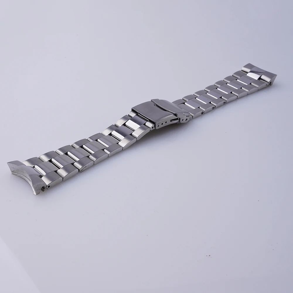 Rolamy 22mm WatchBand Silver Solid CurvedEnd Strap Bracelet Double Push Clasp For Seiko 5 Sport SRPD51 53 55 57 59 SRPD63 65 67