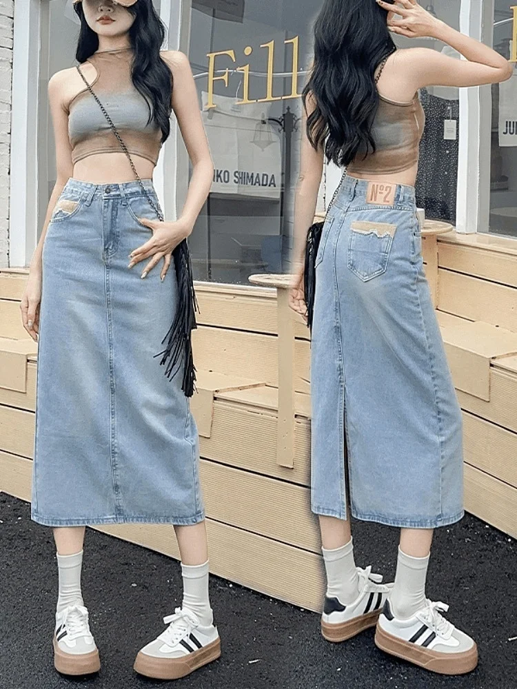 

Retro Denim Skirt Women's High Waist Slim A-Line Bodycon Midi Skirt Summer 2024 New Style Cotton Polyester Blend