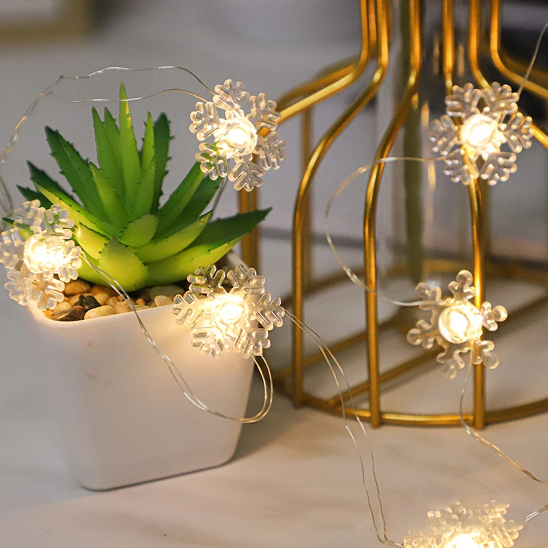 LED Snowflake Copper Wire Garland Light Strings Battery Powered Fairy Festoon Lamp for Wedding New Year Indoor Party Decoration