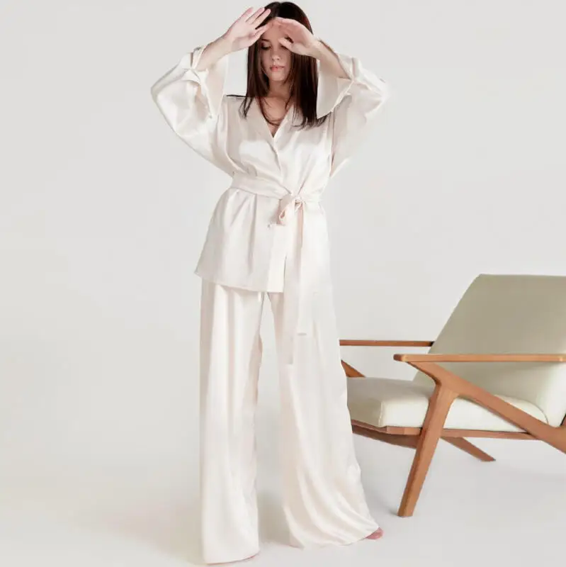 

Women Autumn Satin Sleepwear 2Pcs Long Sleeves Robe& Pant Suit Sexy Rayon Bathrobe Gown Casual Loose Home Clothes Dressing Gown