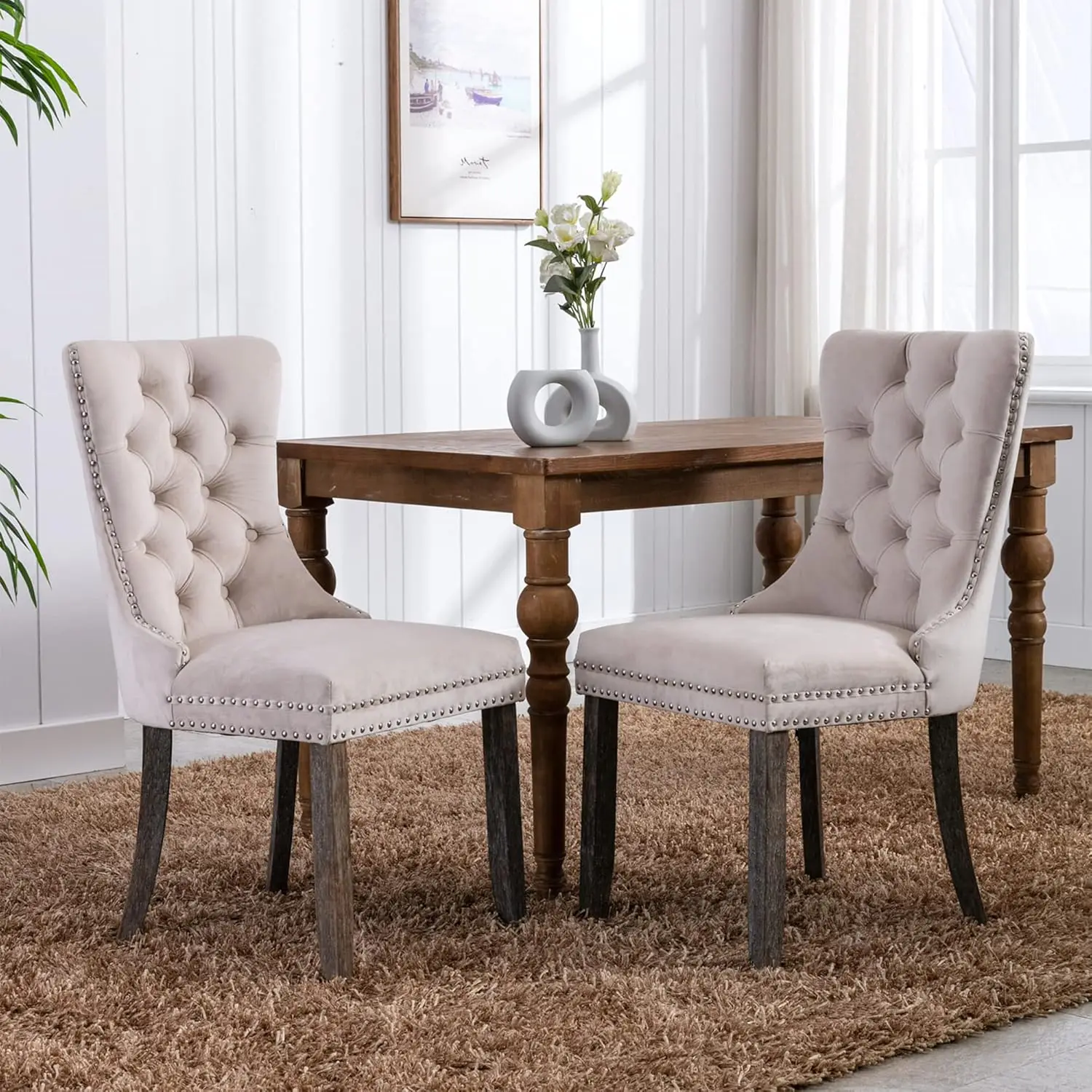 Getuft Eetkamerstoelen Set Van 6, Fluwelen Gestoffeerde Eetkamerstoelen Met Nailhead Rug En Ring Pull Trim, Massief Houten Eetkamerstoelen