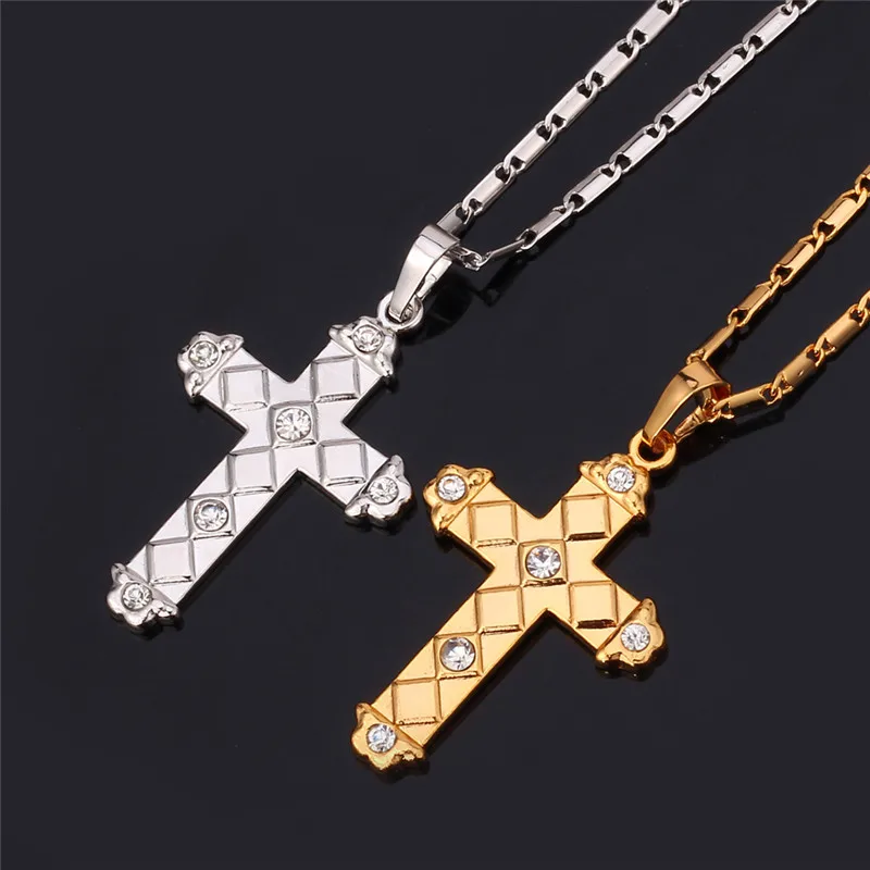 U7 3D Saint Cross Necklace Vintage Pattern Silver/Gold Color Alloy Pendant Rolo Chain Women/Men Christian Jewelry QC24