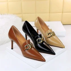 Retro Women Pointed Toe High Heel Wedding Pumps Luxury Designer Metal Chain Buckle Deep Mouth Stiletto Profession Shoes