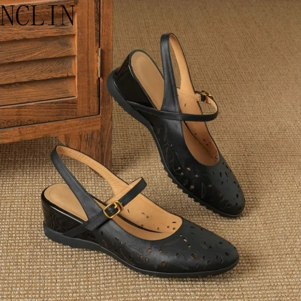 Sandalias Casuales de Cuña con Tira Trasera para Mujer 2026, con Suela de Corcho y Hebilla, Zapatos Cómodos de Verano (Albaricoque)