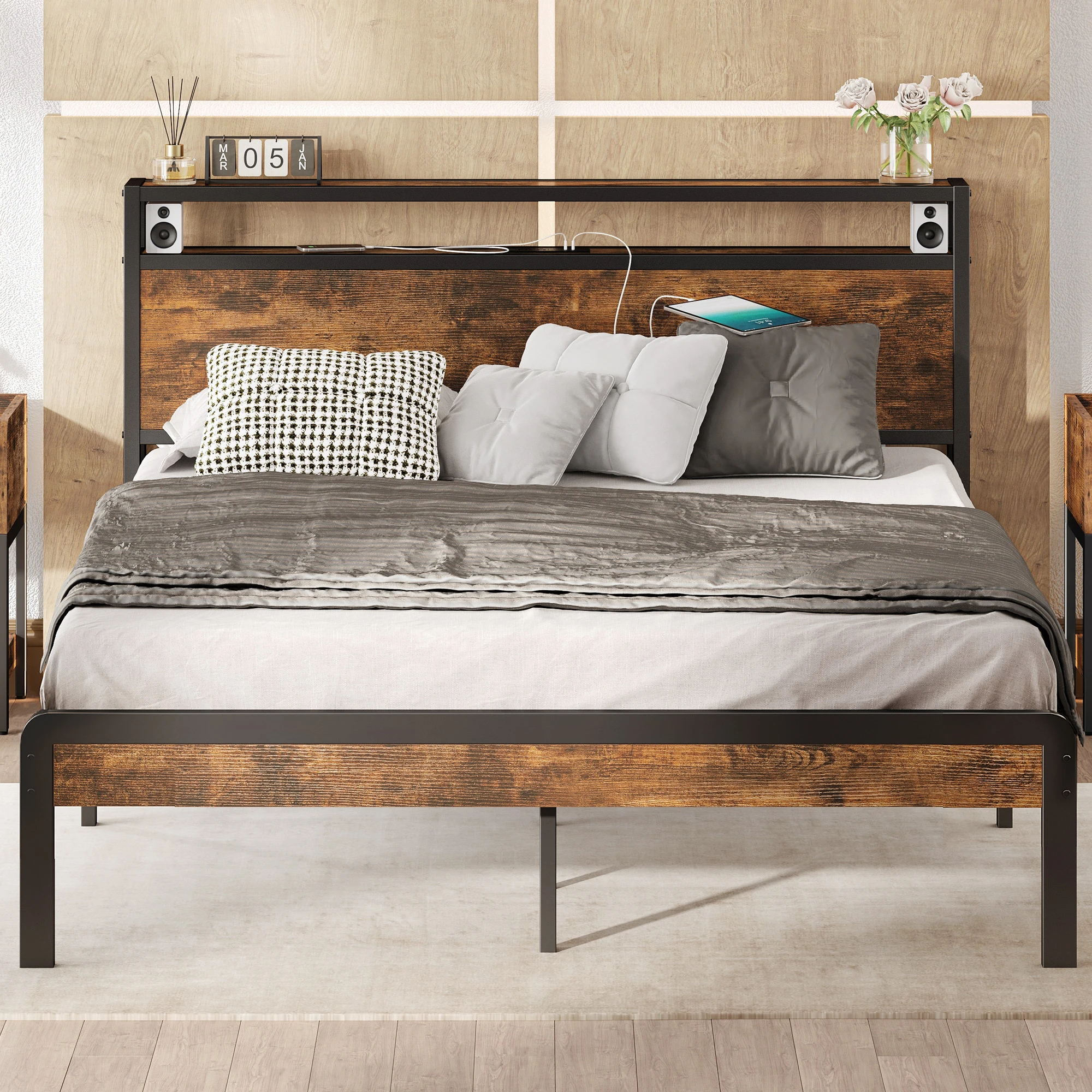 Bed Frame,Platform Bed with 2-Tier Storage Headboard and Power Outlets, USB Ports Charging Station, Sturdy and No Noise