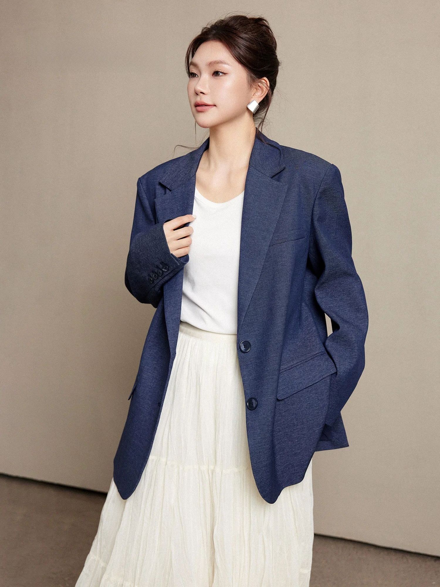 

Plusmall Classic Turn-down Collar Denim Look Suit Jacket Women's Spring New Loose Fit Long Sleeve Cardigan Style Office Wear