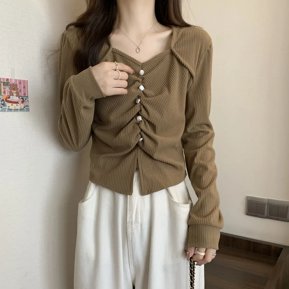 Pleated Button Irregular T-Shirt 2024 Autumn Button New Korean Version V-Neck Solid Color Long-Sleeved Top Slim Bottoming Shirt