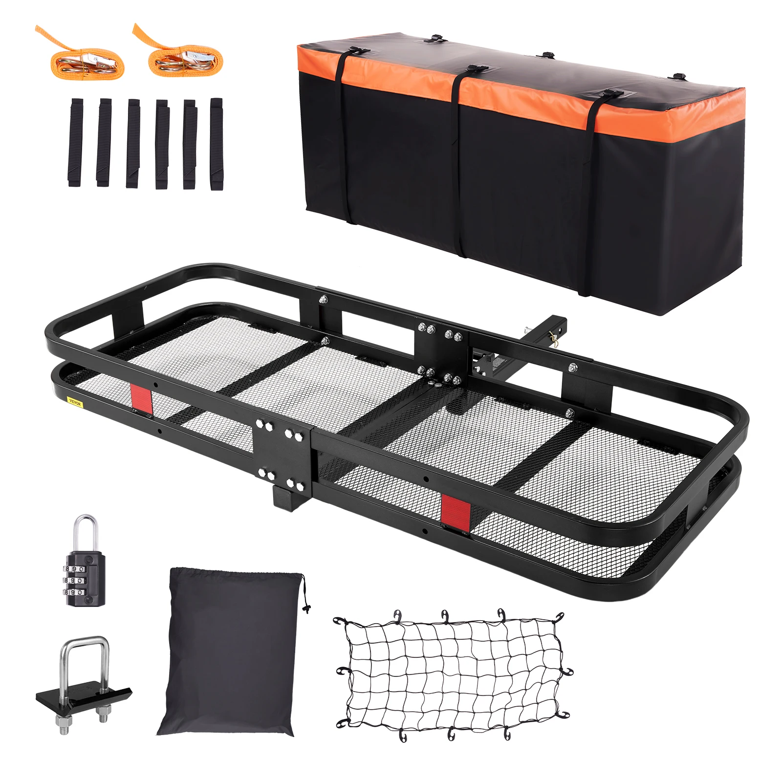 VEVOR 60x24x6 in Folding Trailer Hitch Mounted Steel Cargo Basket, 500lb Luggage Carrier Rack with Waterproof Cargo Bag for SUV