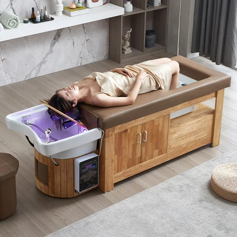 

Japanese Hot Spring Massage Table Solid Wood Water Cycle Beauty Salon Specific Fumigation Shampoo Chair Salon Furniture FYSC