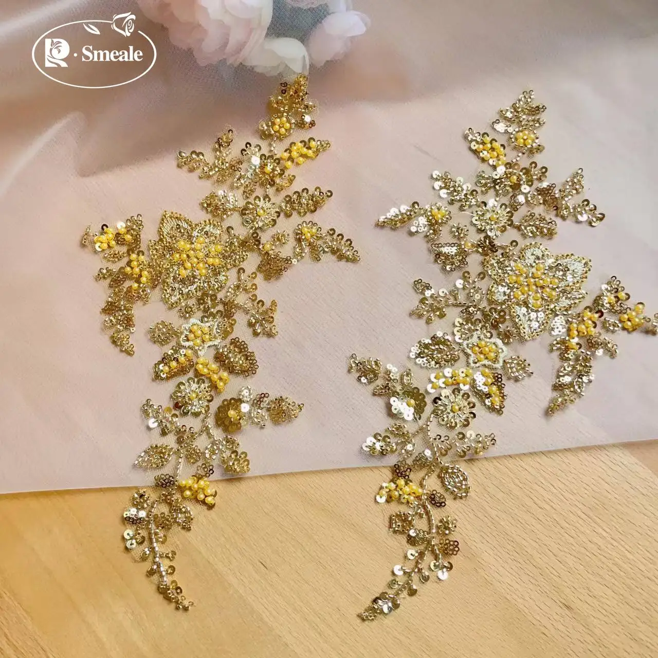10-farbige Perlen-Pailletten 3D-Aufkleber Spiegelblume. Spitzenstoff Abendkleid. Applikations-Patch-Dekoration für Brust und Rücken – Detail 13