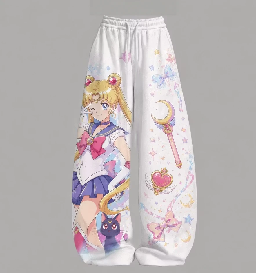 Anime Sailor Moon, farbenfroh bedruckte, weit geschnittene Hose mit hoher Taille und Kordelzug, lockere Freizeit-Sweatpants, Mädchenstil, lässige Shorts. – Detail 2