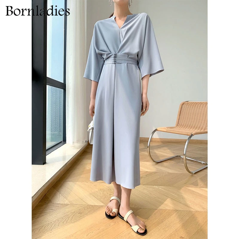 Bornladies Spring Autumn 2022 Women\'s Stylish Long Sleeve Sexy V-neck Slim Waist Dress Ladies Retro Long Party Vestidos