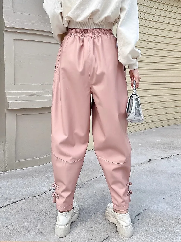 Pantalon en cuir véritable de mouton imprimé Floral pour femmes, sarouel Baggy Vintage, taille élastique, coupe ample, pantalon de jogging Vintage