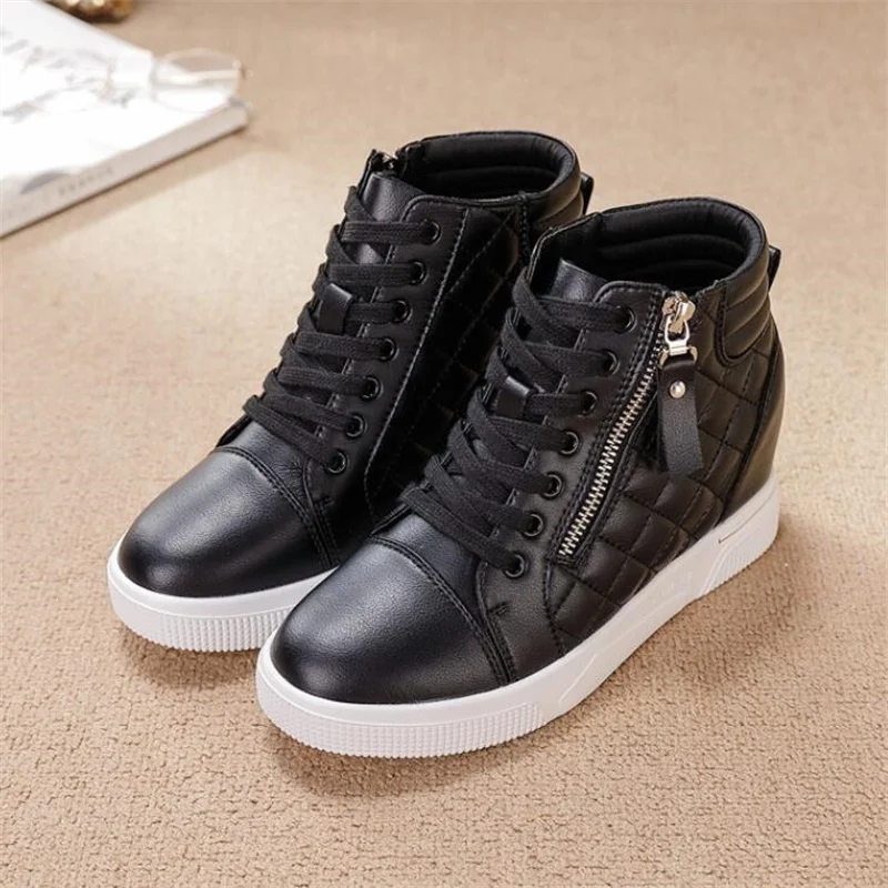 7cm Leather Microfiber Casual Platform Wedge Sneakers Women Shoes Hiden Heel Pumps Boots Women Spring Autumn White Black Shoes