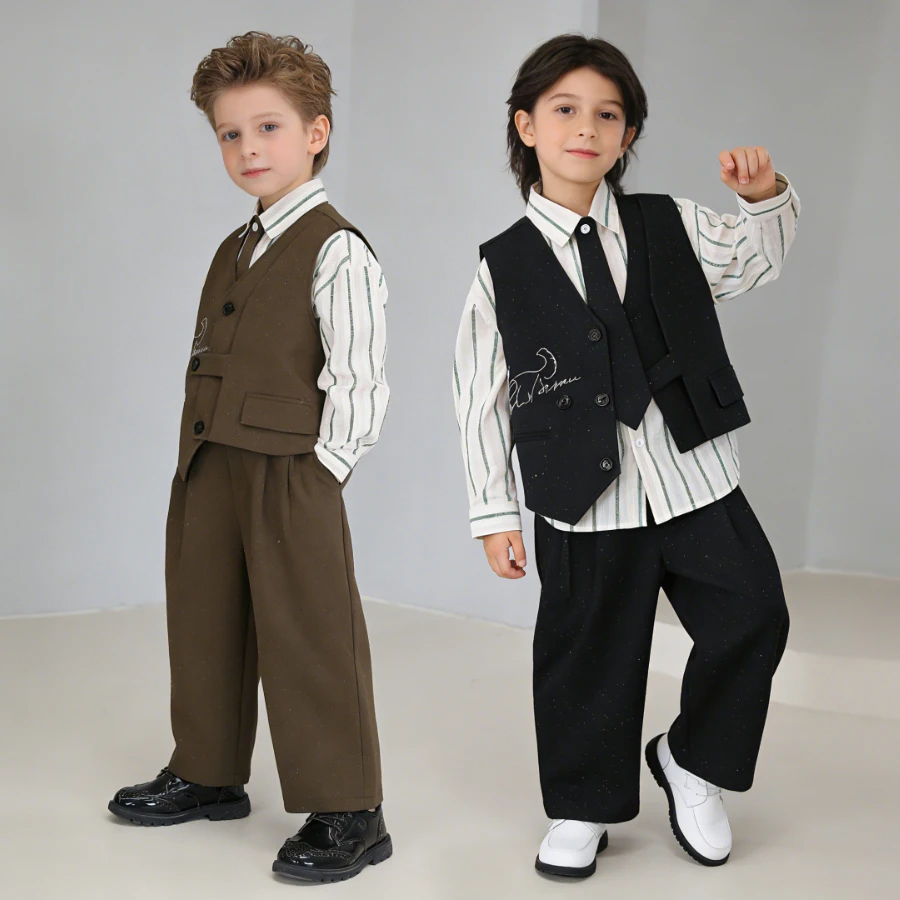 

Boys Glitter Irregular Vest Suit 4-Piece Set Striped Shirt Pants Tie Kids Formal Outfit for Wedding Birthday Party Performance