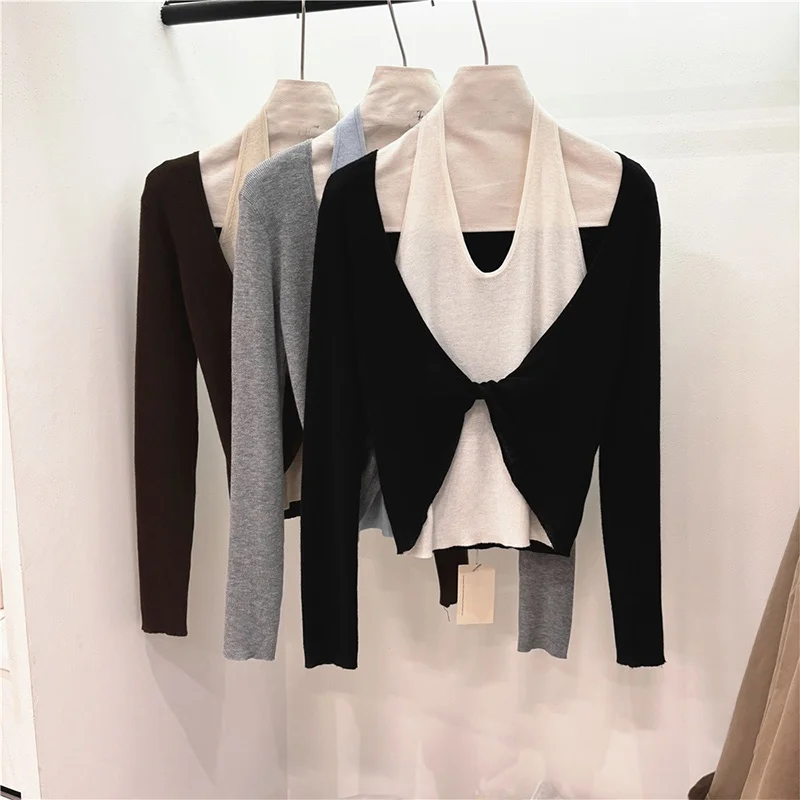 スリムフィット カラーブロ ロングスリーブ ニットセーター レディース ベースレイヤー トップス Vネック 韓国風 通勤ファッション