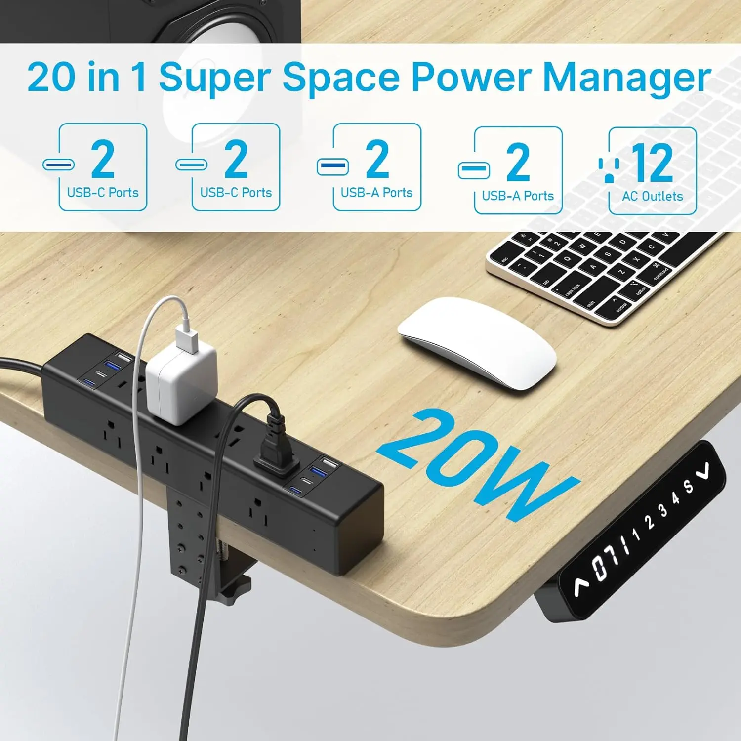 Desk Outlet Station 20W USB C Port. 12 Outlet Desktop Clamp Power Strip Surge Protector 4800J with Switch.