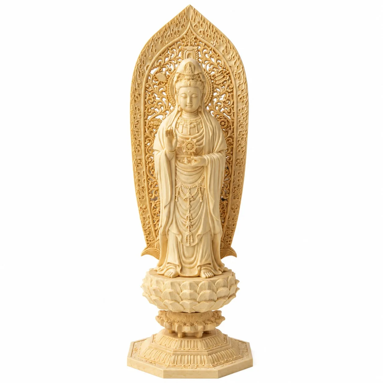Hand Carved Hinoki Wood Nanhai Guanyin Bodhisattva Statue for Traditional Chinese Buddhist Living Room Altar Decor Gift