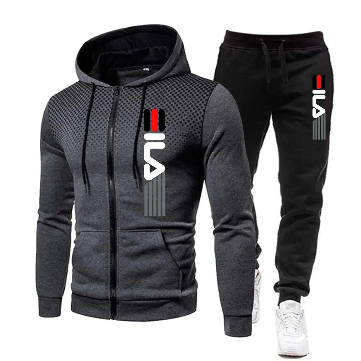 2025 Heren vest met lange mouwen, ritssluiting en capuchon + casual broek 2 sets mode herfst en winter jogging fitness sportkleding set