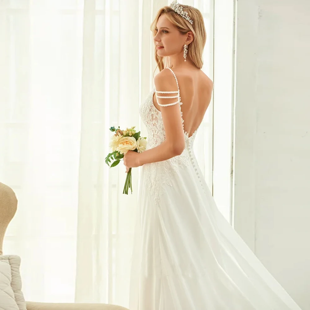 Abiti da sposa personalizzati con spalline sottili Una linea con scollo a V Applique in pizzo con cerniera Backl Chiffon Lunghezza pavimento diviso Vestido de novia