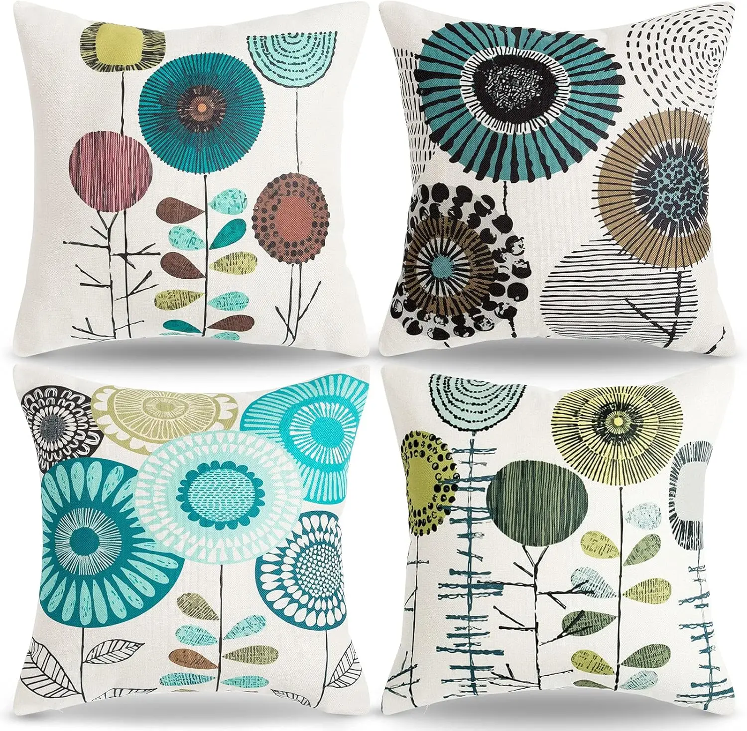 4pcs Retro Floral Pillow Covers 45x45cm Linen-Blend Fabric: Bold Teal,Olive & Terracotta Abstract Botanical Prints on Cream Base