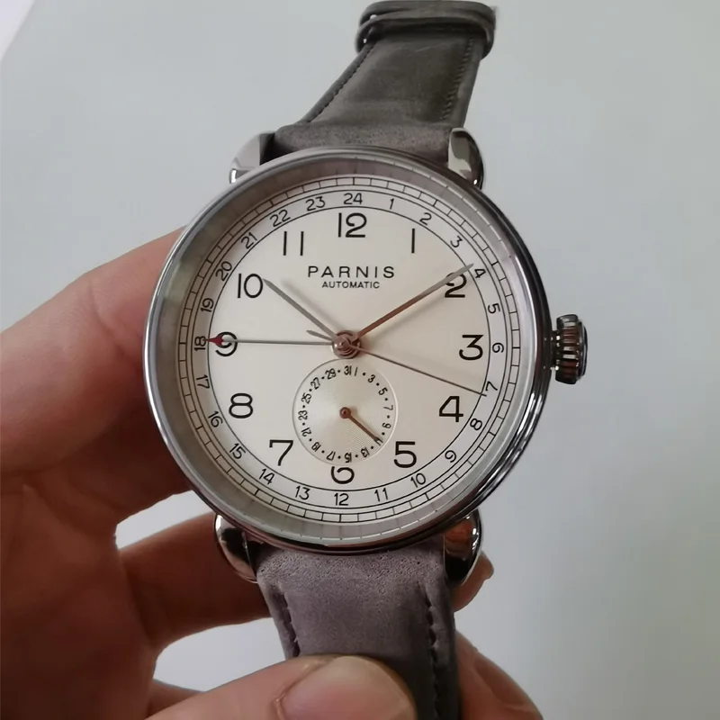 2024 Fashion Parnis 42MM Rose Gold Men GMT Watches Calendar Leather Strap Automatic Mechanical Watch For Men relogios masculino