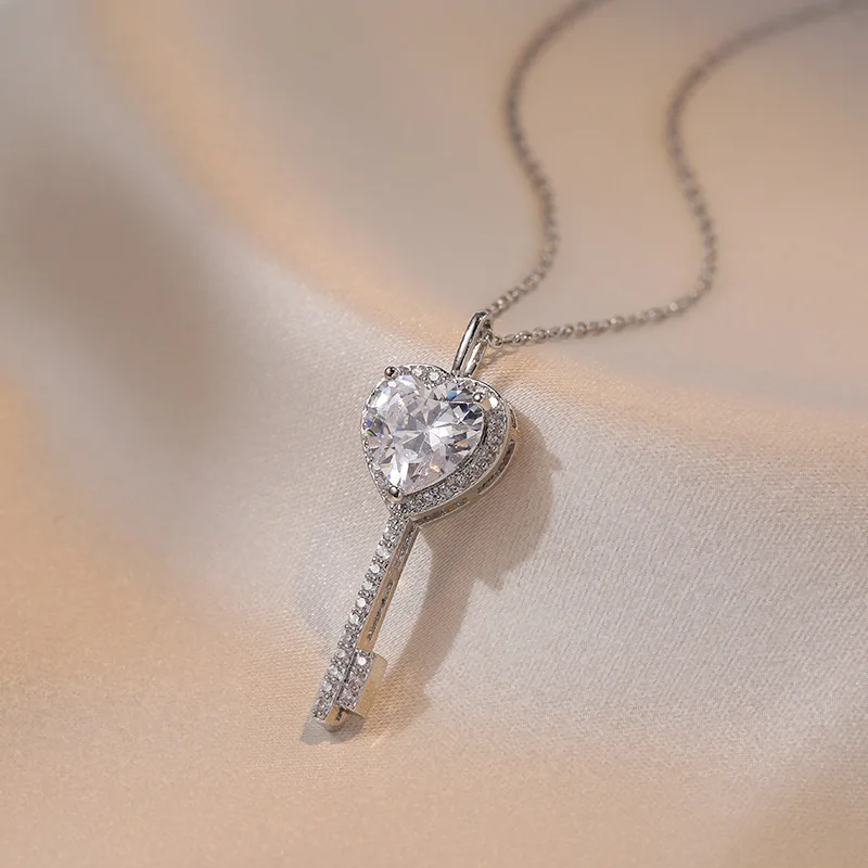 Stainless Steel White CZ Crystal Key & Lock Charm Pendant Necklaces Bohemia Heart Link Chain Necklace For Women view 2