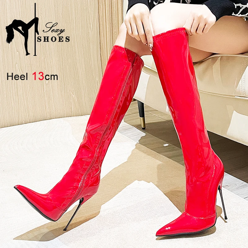 Knee-High Modern Boots Pointy Toe Women Shoes 13cm Ultra Thin Steel High Heels Metal Heel Calf Boots for Women Fun Shoes Size 46