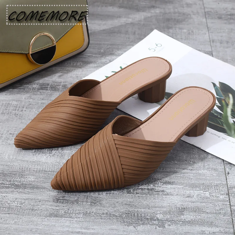 Fashion Korean Style Pointed Toe Toe Toe Casual Slippers for Women Elegant Middle Heel Jelly Sandals Beach Shoes Comfort Outside