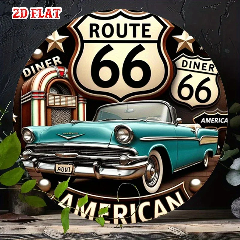 2D-Flachbild, 1 Stück Vintage Route 66 Amerikanisches Auto Rundes Aluminiumschild - Rustikale Metallwandkunst mit Klassischem Auto- und Diner-Design,