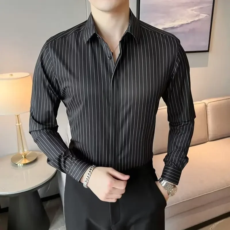 Korean Striped Business Casual Long Sleeved Shirt For Men Spring Autumn Fashion Slim Fit Elegant Social Men's Formal Shirt
