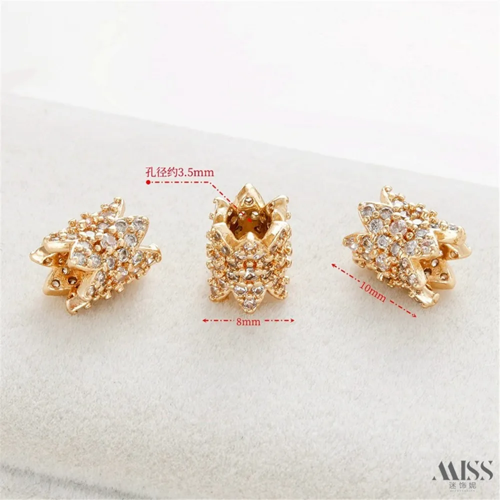 

14K Bag Gold Full Zircon Tooth Edge Large Hole Bucket Bead Spacer DIY Bracelet Necklace Beaded Hanging Jewelry Accessories