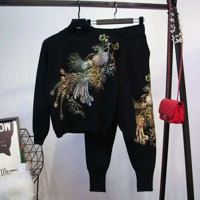 

Autumn Winter Tracksuit Women Vintage Peacock Embroidery Beading Sweater + Pantsuits Golden Velvet Two Piece Set Plus Size 4xl
