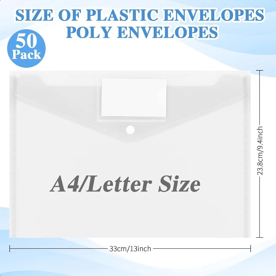 50 قطعة من المظاريف البلاستيكية مغلفات بولي مجلدات الملفات مع زر إغلاق المفاجئة مجلدات واضحة للمستندات حرف أمريكي A4 حجم Fil