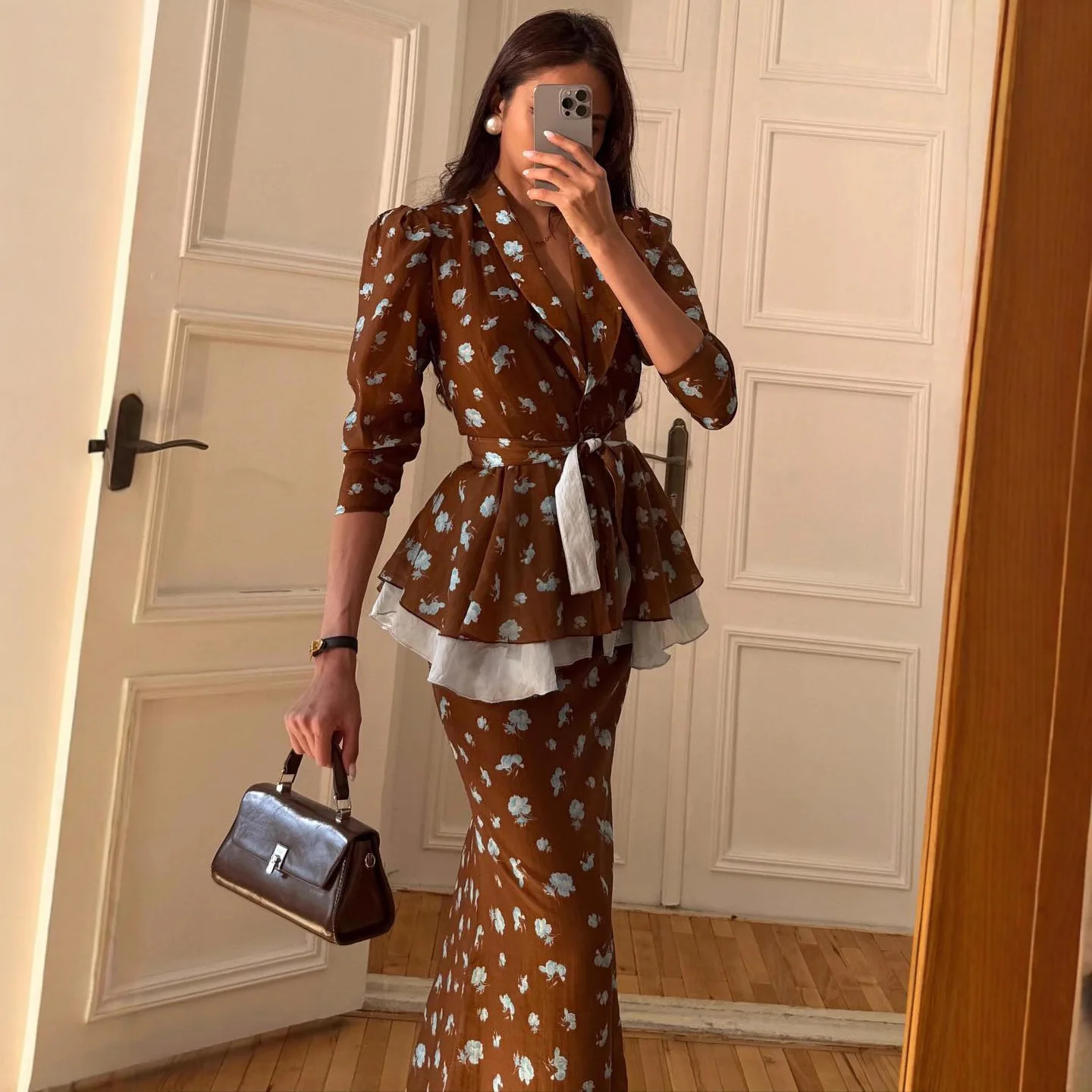 

Elegant Temperament Cotton Linen Printed Two-Piece Set, Lace-Up Waist, Ruffle Top, Wrap Long Skirt, Women's Fashion