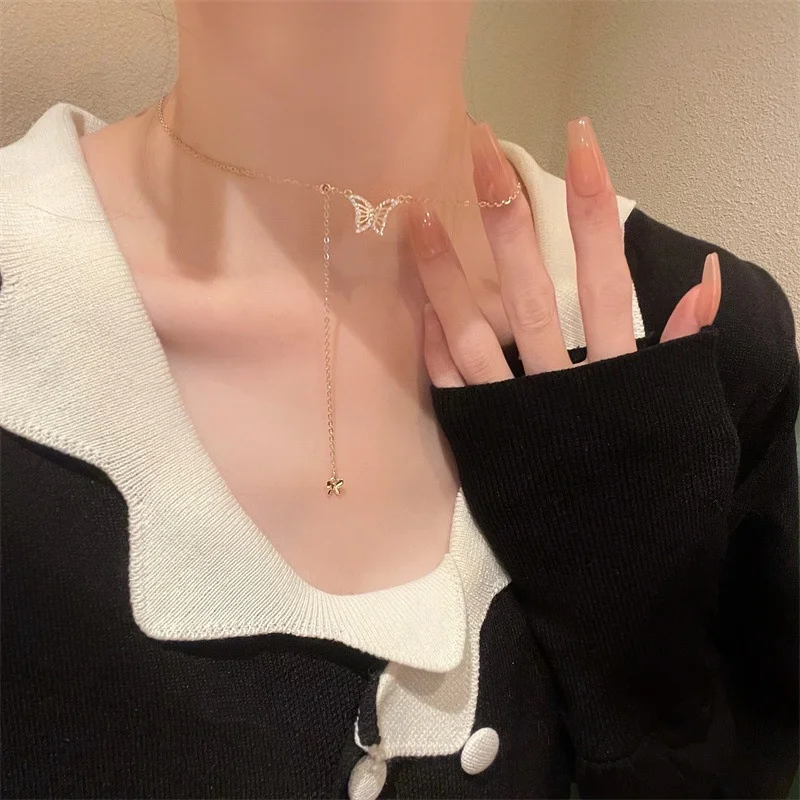 High-looking ins style animal necklace butterfly tassel set with diamonds 925 sterling silver necklace female butterfly necklace