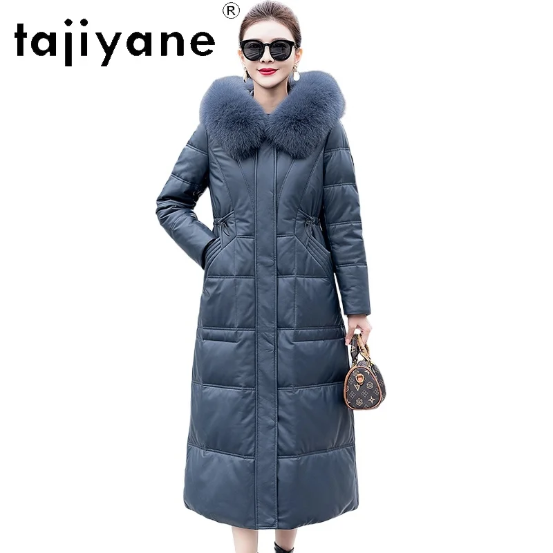 TAJIYANE Real Leather Puffer Jacket Women 100% Sheepskin Long White Goose Down Coats with Fox Fur Collar Winter Clothes 2025
